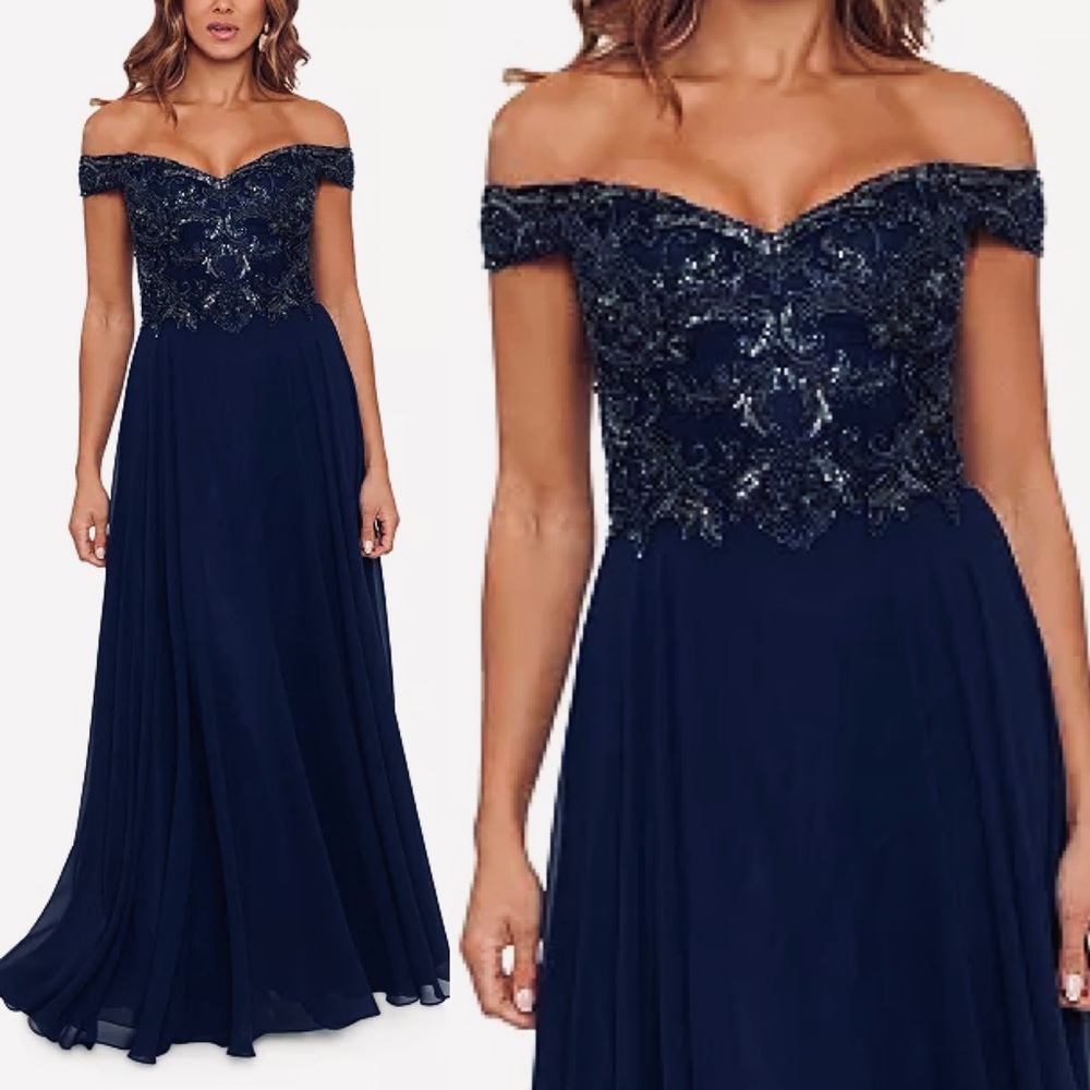 Xscape Navy Off-Shoulder Lace Maxi Dress